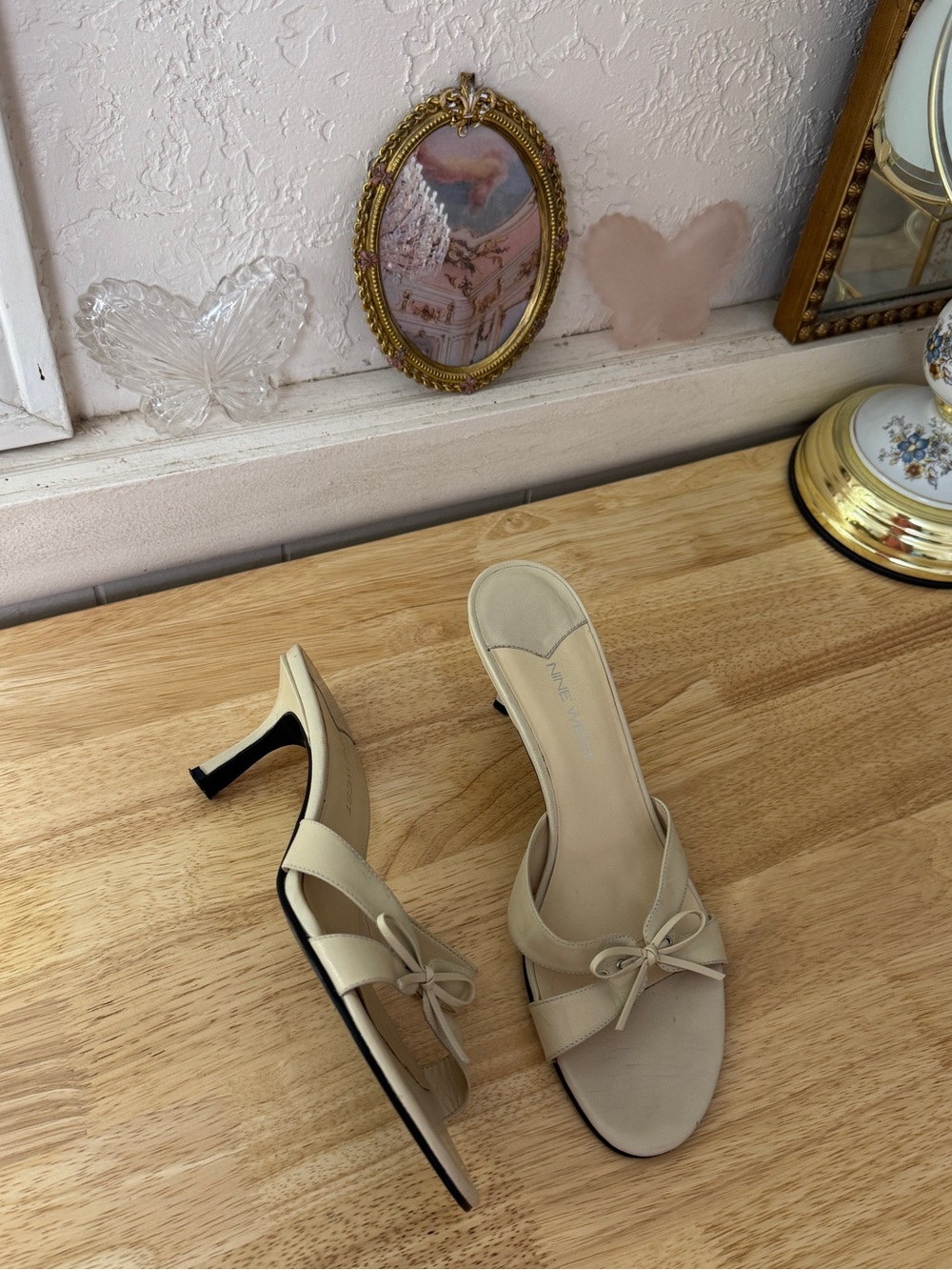 Nine West Cream Bow Kitten Heel Slide Sandals Size 9 Y2K Coquette Fairy